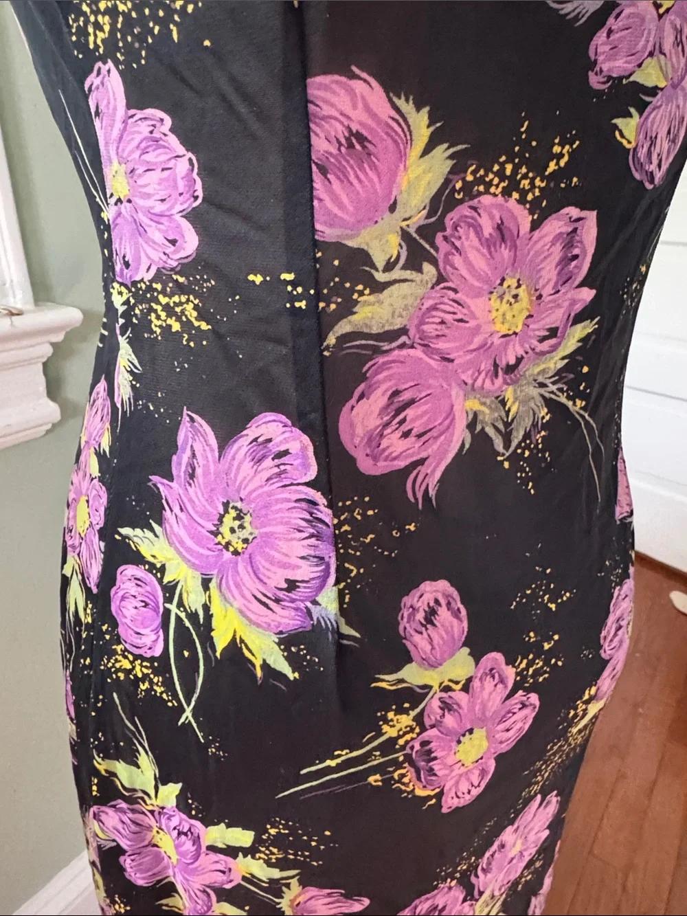 Vintage Black Slip Dress with Purple Floral Print - Picture 6 of 10